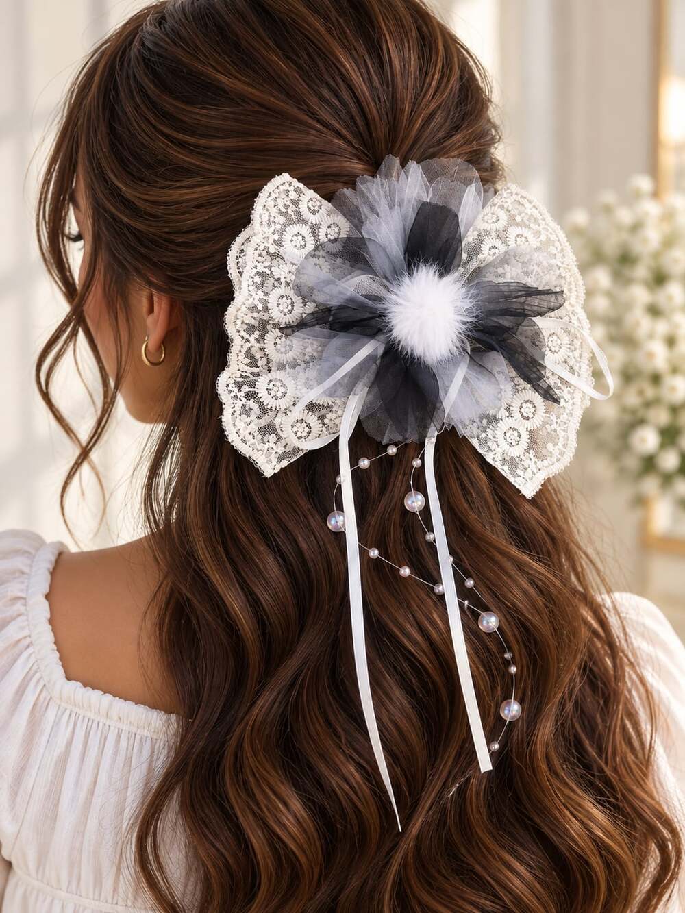 Black White Lace Tulle Hair Bow Pearl Beaded Gothic Romance Statement Clip